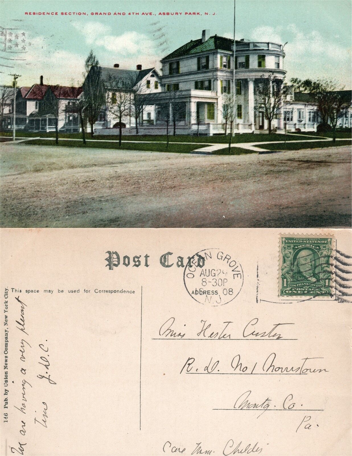 ASBURY PARK N.J. GRAND & 4th AVE. RESIDENCE SECTION 1908 ANTIQUE POSTCARD