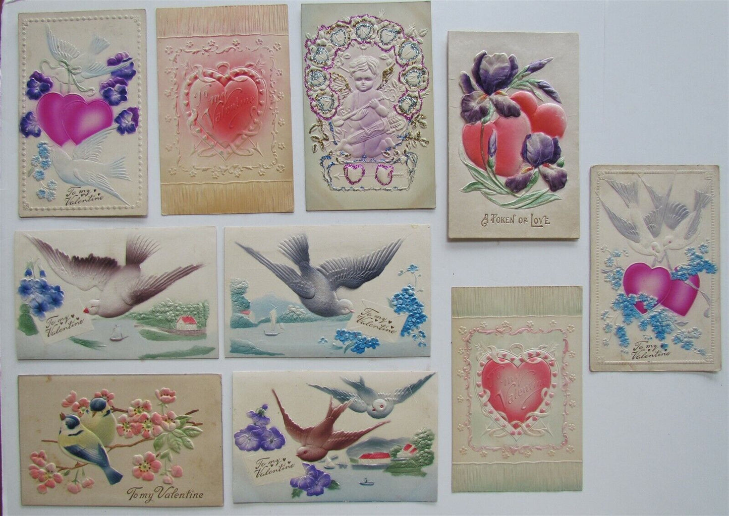 LOT of 10 VALENTINE EMBOSSED ANTIQUE POSTCARDS DOVES CUPID HEARTS