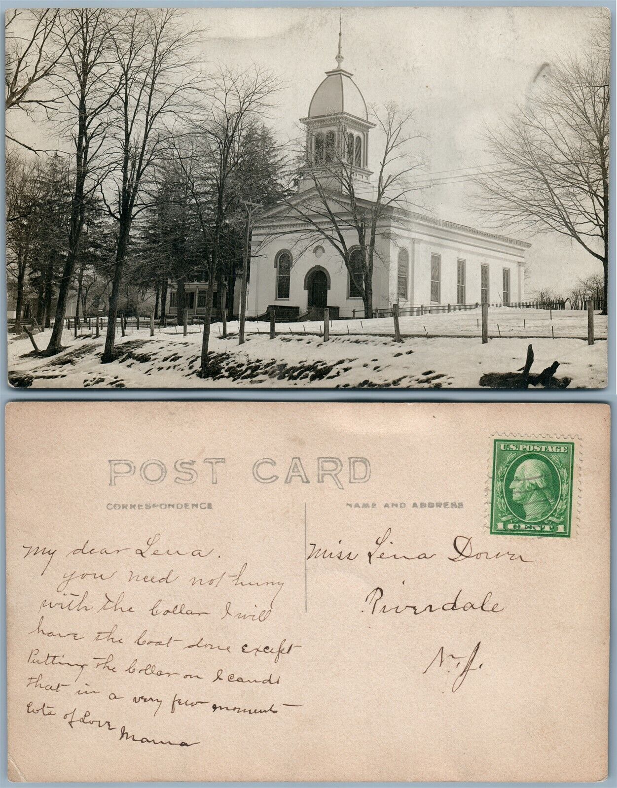 CHURCH ANTIQUE REAL PHOTO POSTCARD RPPC sent to RIVERDALE N.Y.