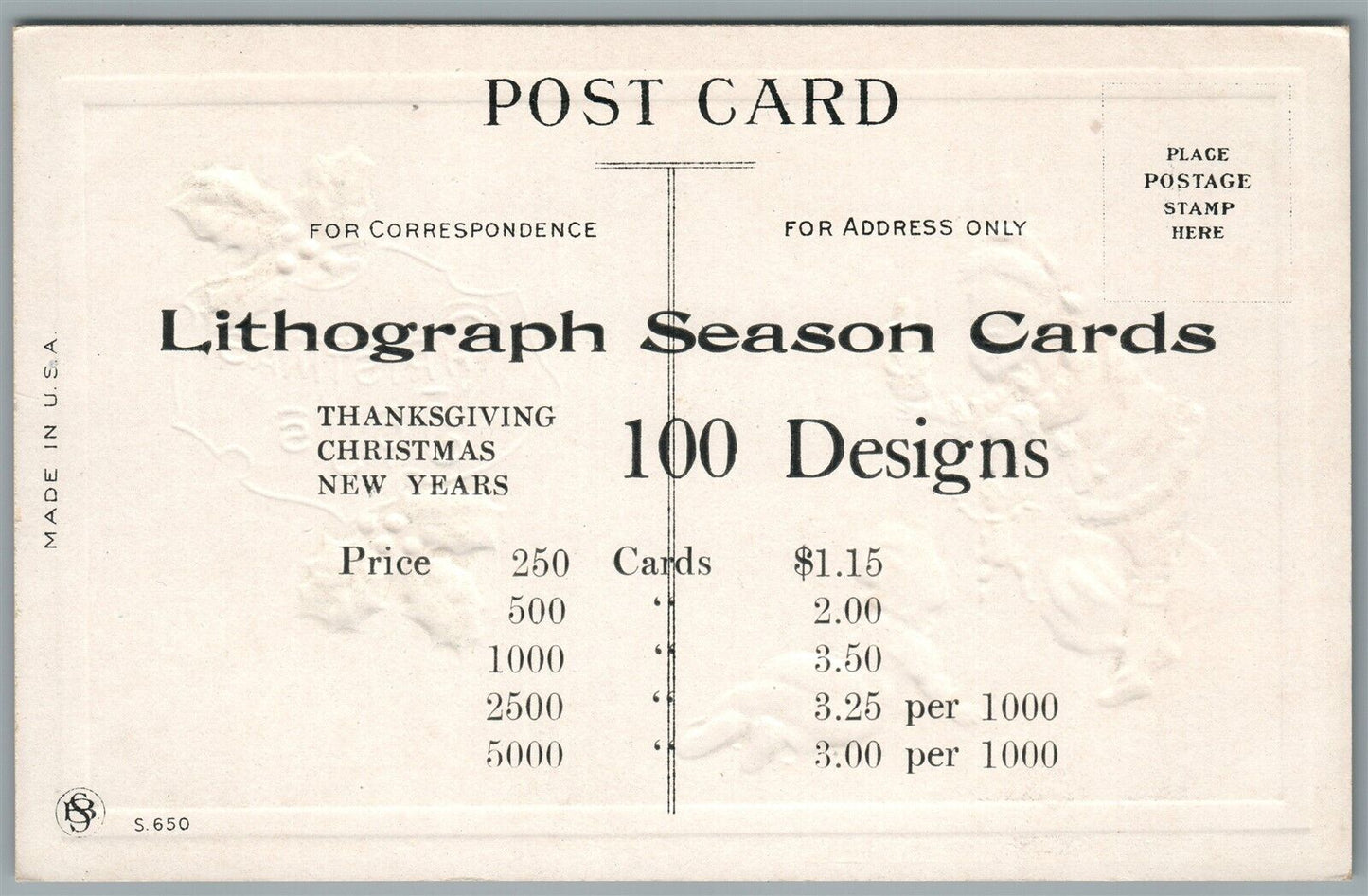 SANTA w/ PUPPET TOY CHRISTMAS JOYS ANTIQUE POSTCARD w/ PRINTER'S ADVERTISING