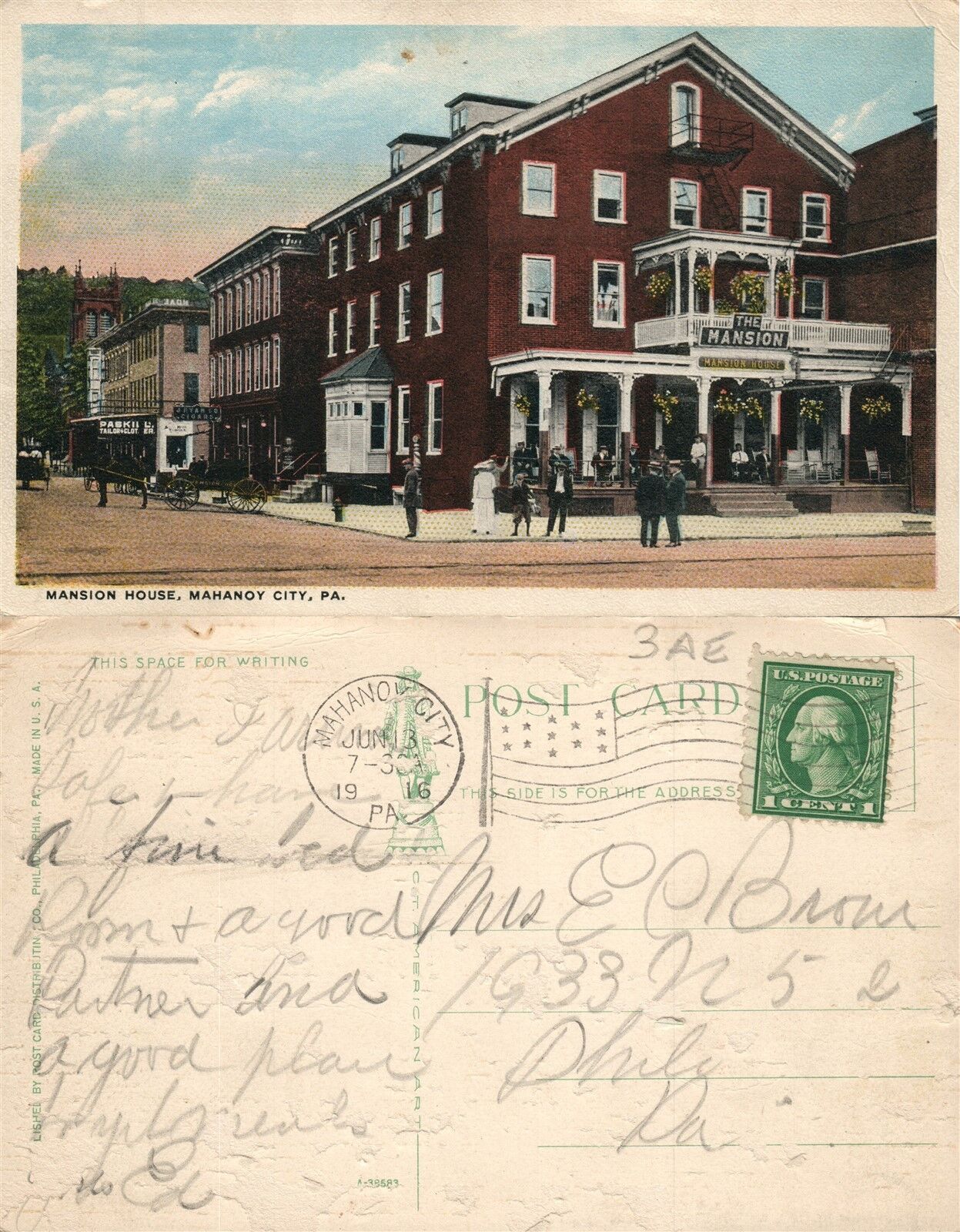 MANAHOY CITY PA MANSION HOUSE 1916 ANTIQUE POSTCARD