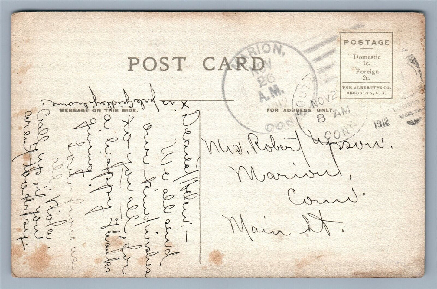 SOUTHINGTON CT SOUTH MAIN STREET 1912 ANTIQUE POSTCARD w/ CORK CANCEL
