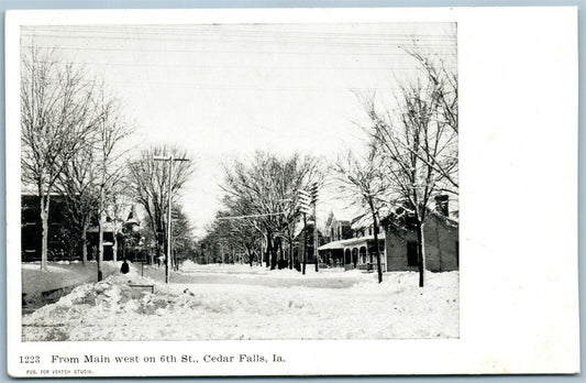 CEDAR FALLS IA FROM MAIN W. on 6th ST. ANTIQUE POSTCARD PHOTOGRAPHIC ADVERTISING