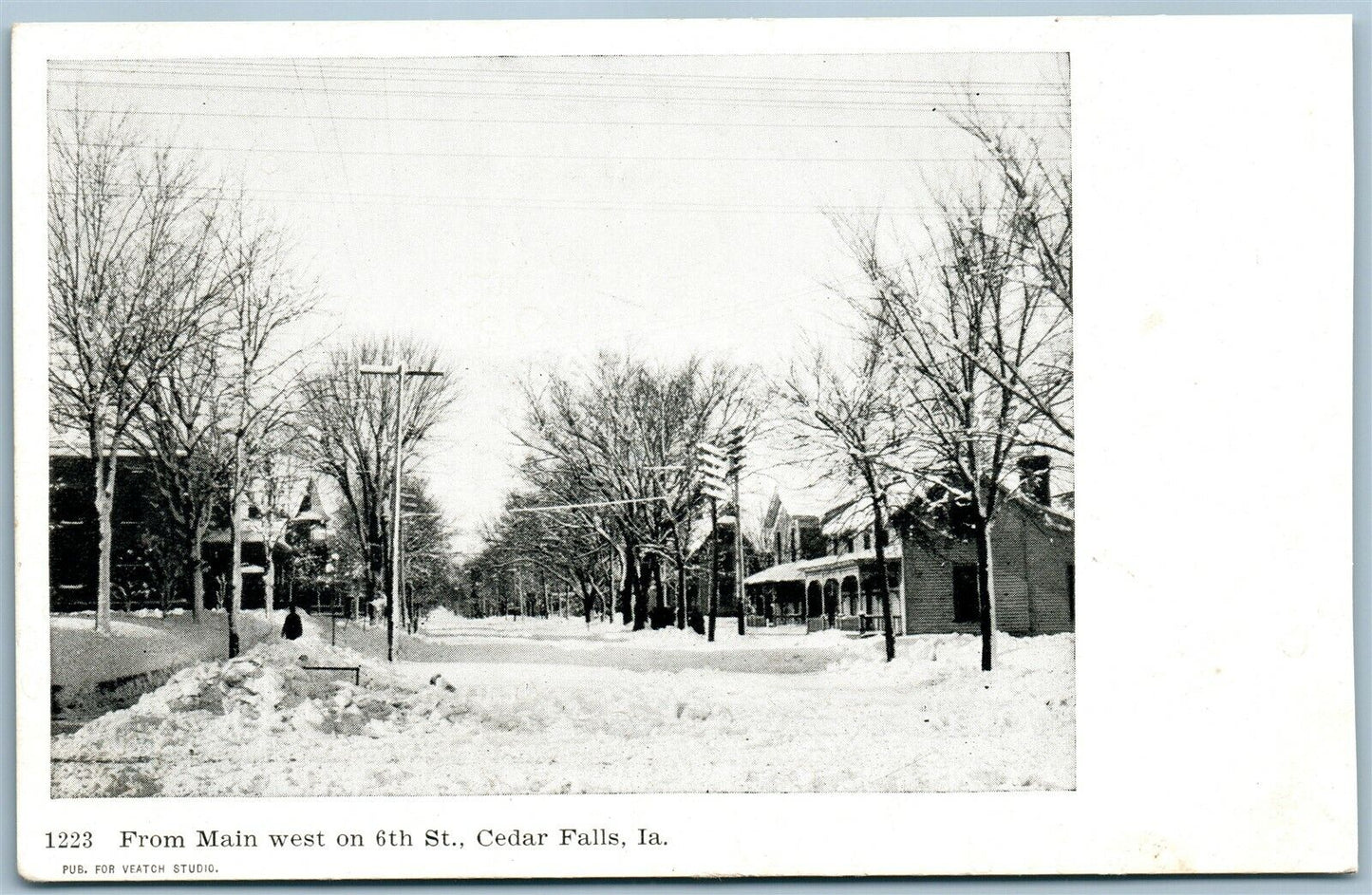 CEDAR FALLS IA FROM MAIN W. on 6th ST. ANTIQUE POSTCARD PHOTOGRAPHIC ADVERTISING