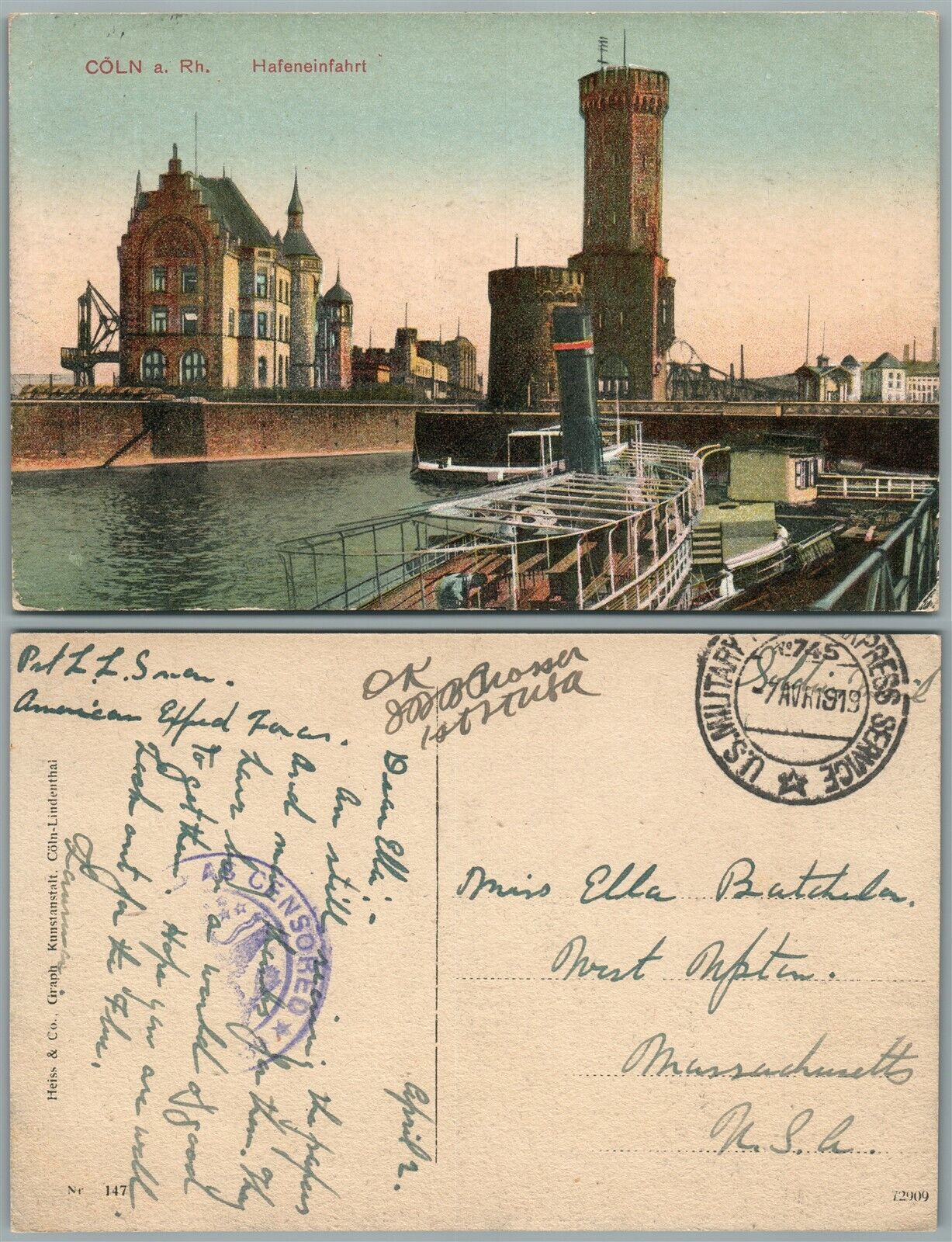 COLN a. RH. HAFENEINFAHRT GERMANY 1919 ANTIQUE POSTCARD w/ U.S. MILITARY CANCEL
