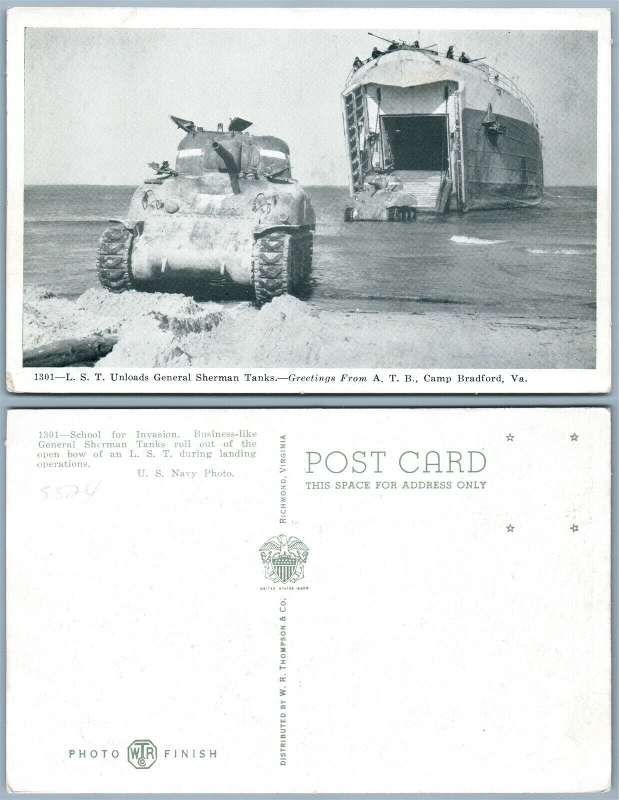 CAMP BRADFORD VA UNLOADS GENERAL SHERMAN TANKS WWII US NAVY VINTAGE POSTCARD