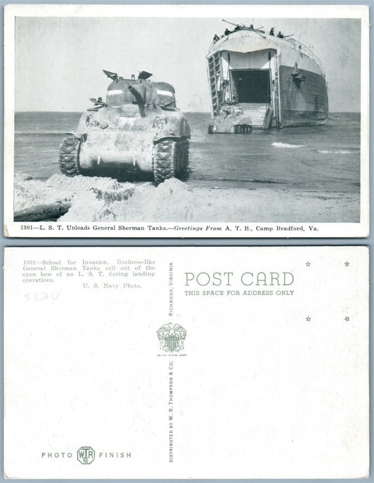 CAMP BRADFORD VA UNLOADS GENERAL SHERMAN TANKS WWII US NAVY VINTAGE POSTCARD