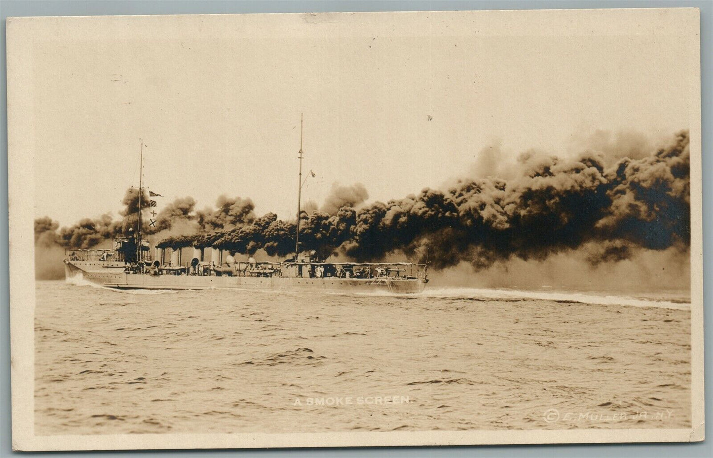 SEA BATTLE SCENE SMOKE SCREEN ANTIQUE REAL PHOTO POSTCARD RPPC