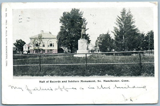 SO.MANCHESTER CT HALLS OF RECORDS & SOLDIERS MONUMENT ANTIQUE POSTCARD