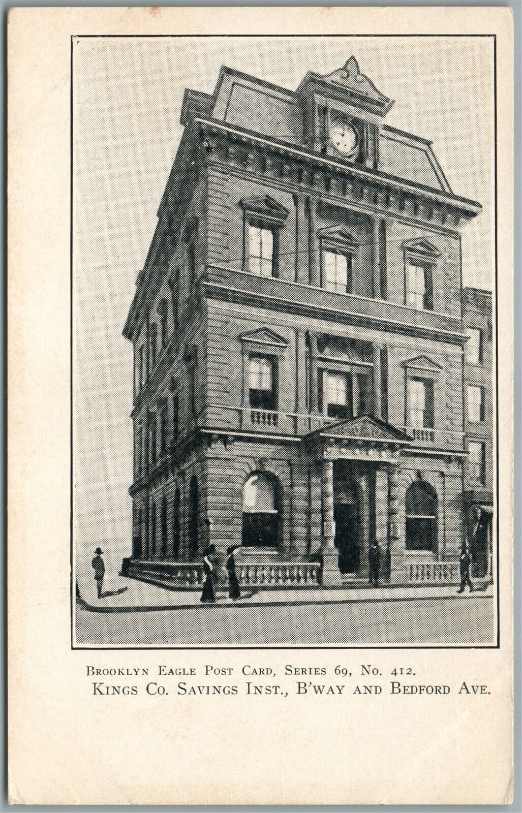 BROOKLYN NY KINGS CO. SAVINGS INST., B'WAY & BEDFORD AVE. ANTIQUE POSTCARD