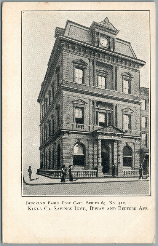 BROOKLYN NY KINGS CO. SAVINGS INST., B'WAY & BEDFORD AVE. ANTIQUE POSTCARD