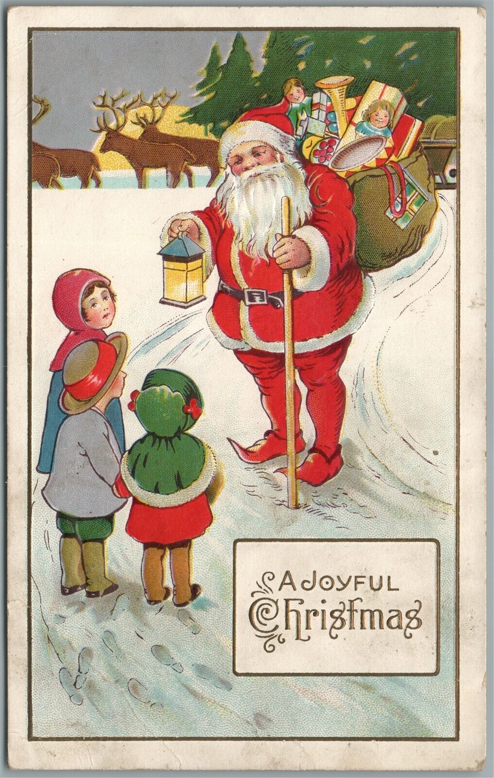 SANTA JOYFULL CHRISTMAS EMBOSSED ANTIQUE POSTCARD