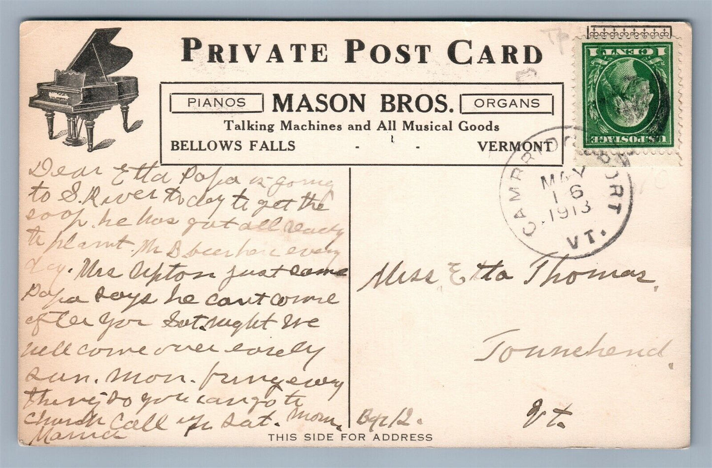 BELLOWS FALLS VT MASON BRO TALKING MACHINES ADVERTISING ANTIQUE PRIVATE POSTCARD