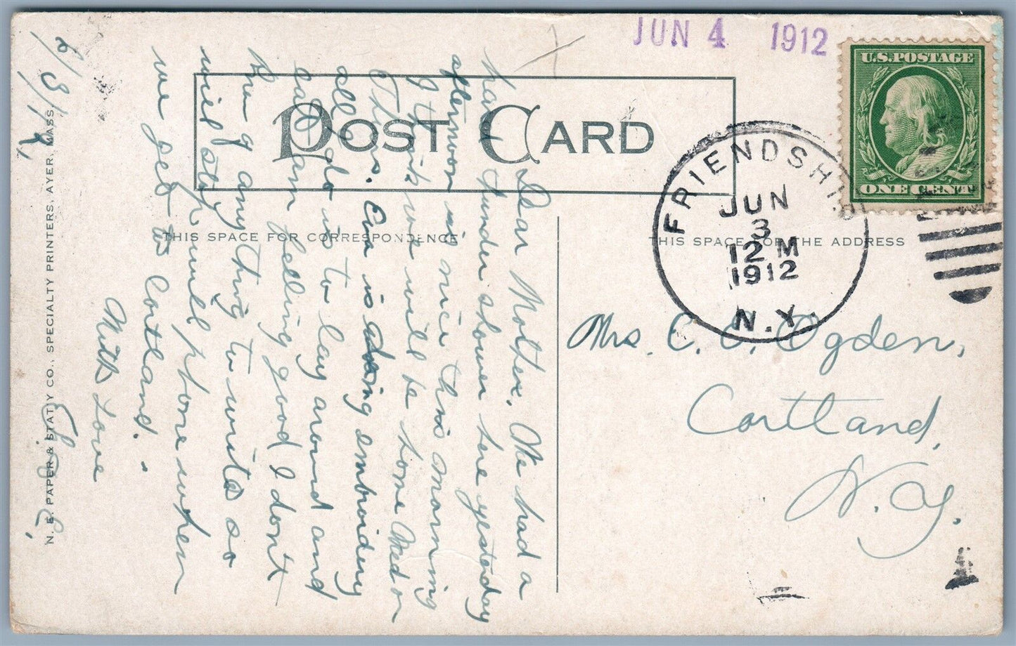 FRIENDSHIP NY EAST MAIN STREET 1912 ANTIQUE POSTCARD w/ CORK CANCEL