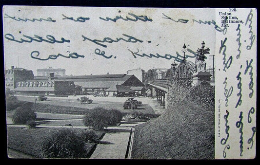 VINTAGE 1907 POSTCARD - UNION STATION BALTIMORE MD railroad train railway