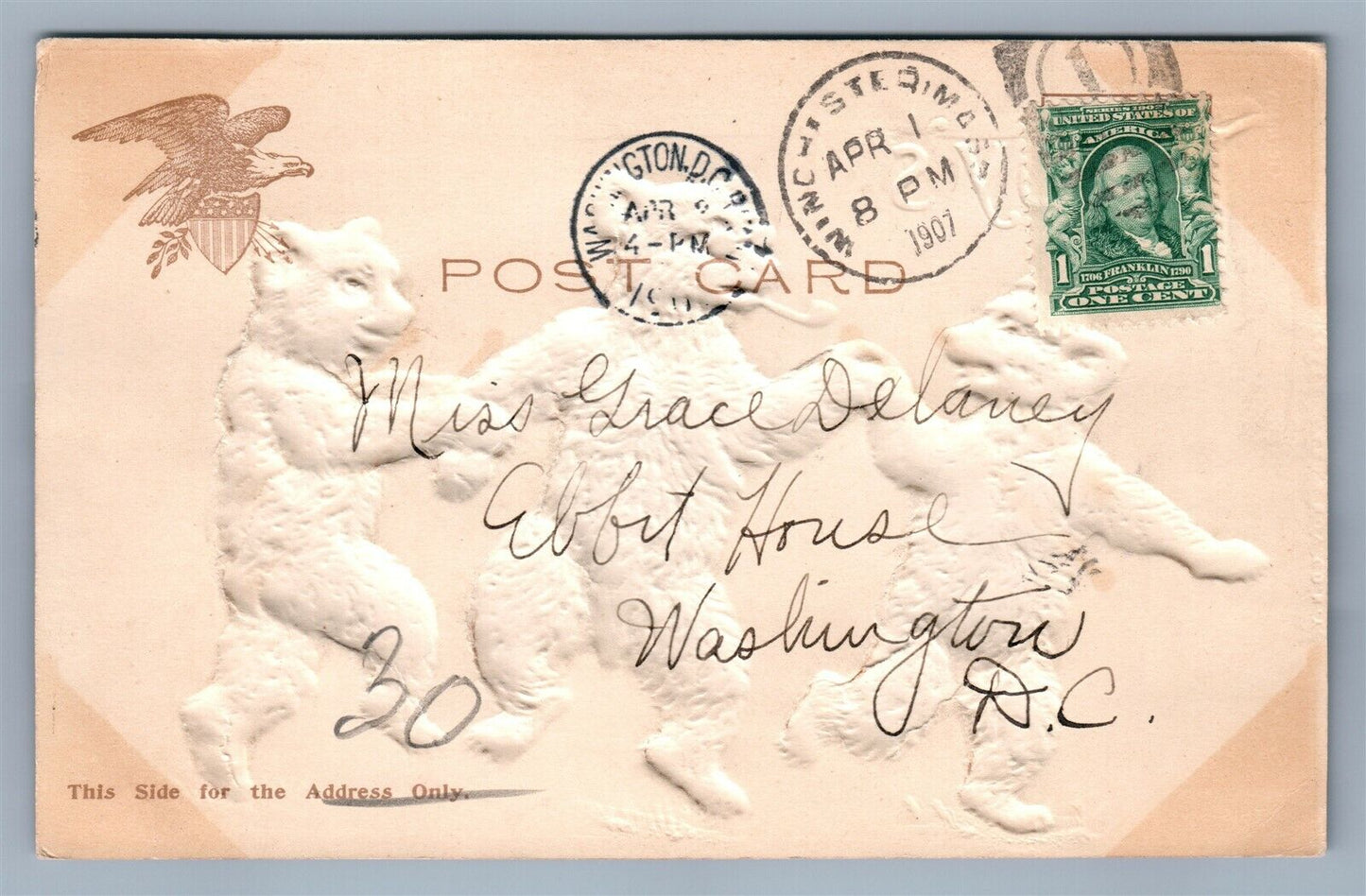 TEDDY BEARS DANCING ANTIQUE EMBOSSED POSTCARD