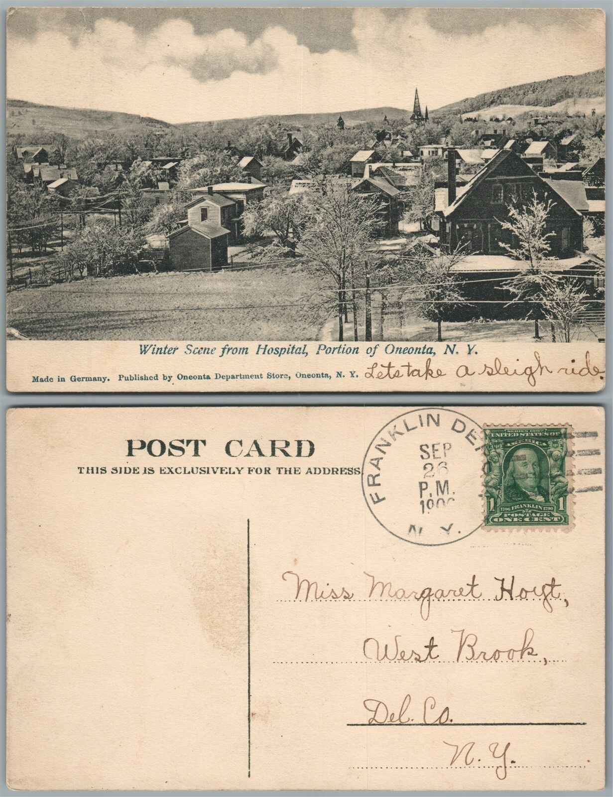 ONEONTA N.Y. WINTER SCENE FROM HOSPITAL ANTIQUE POSTCARD