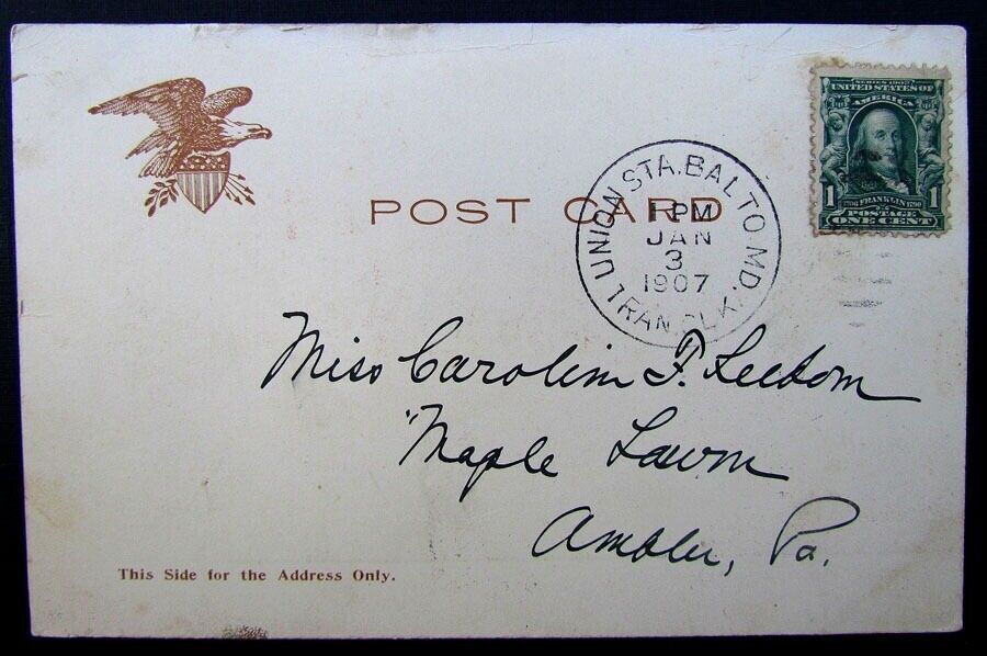 VINTAGE 1907 POSTCARD - UNION STATION BALTIMORE MD train railway railroad