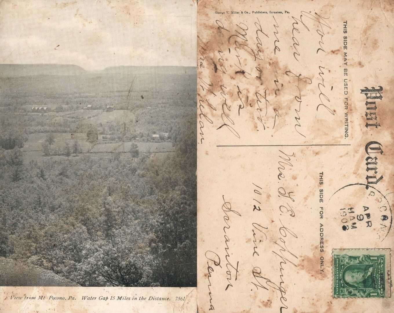VIEW FROM MT. POCONO WATER GAP PA 1908 ANTIQUE POSTCARD