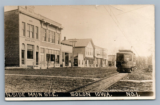 SOLON IA MAIN STREET w/ TROLLEY collage? ANTIQUE REAL PHOTO POSTCARD RPPC
