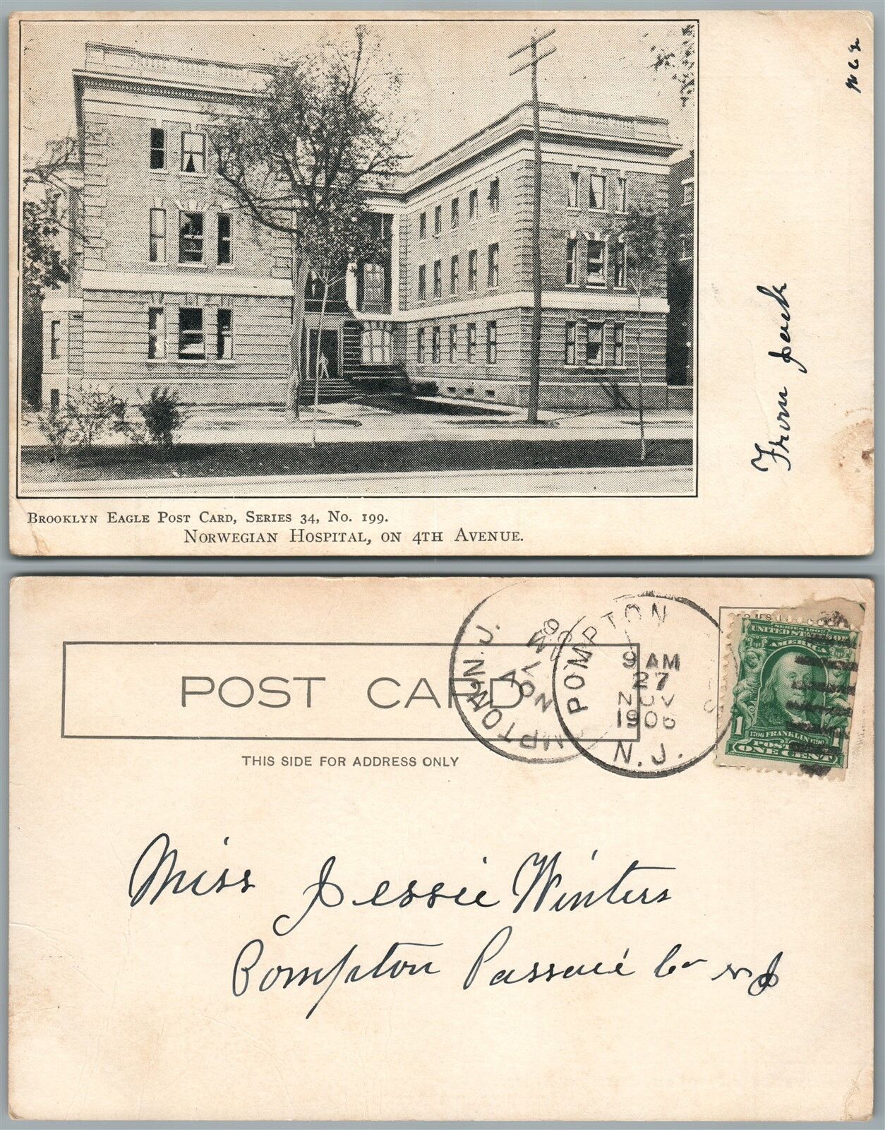 BROOKLYN N.Y. NORWEGIAN HOSPITAL on 4th AVENUE 1906 UNDIVIDED ANTIQUE POSTCARD
