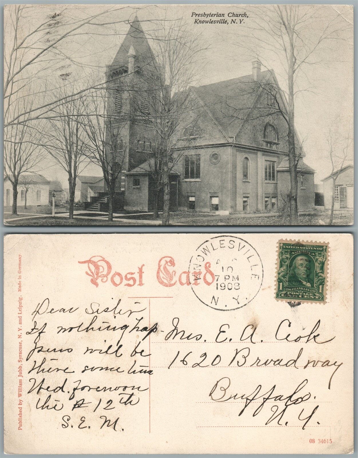 KNOWLESVILLE N.Y. PRESBYTERIAN CHURCH 1908 ANTIQUE POSTCARD