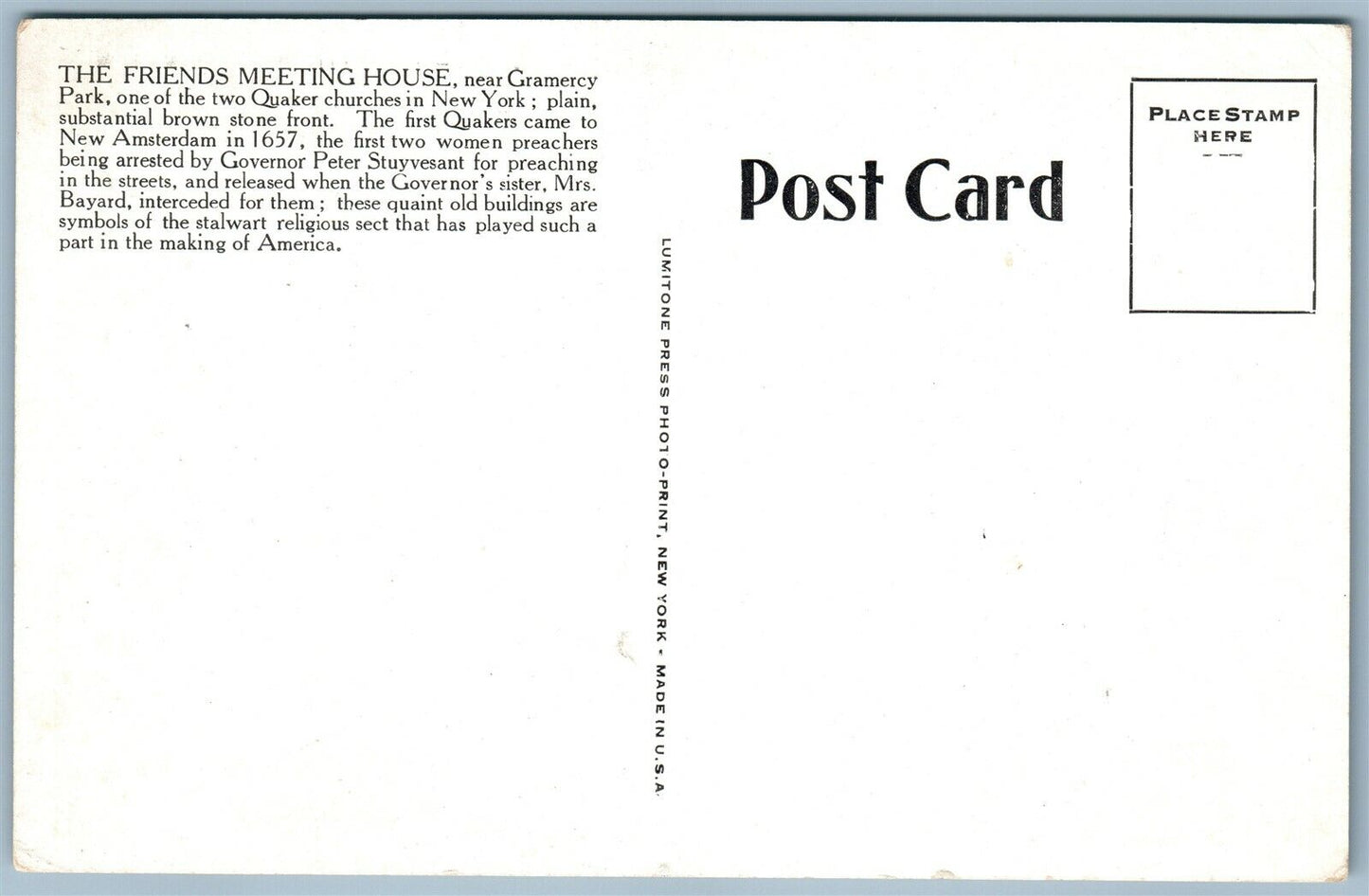 NEW YORK CITY NY FRIENDS MEETING HOUSE VINTAGE POSTCARD