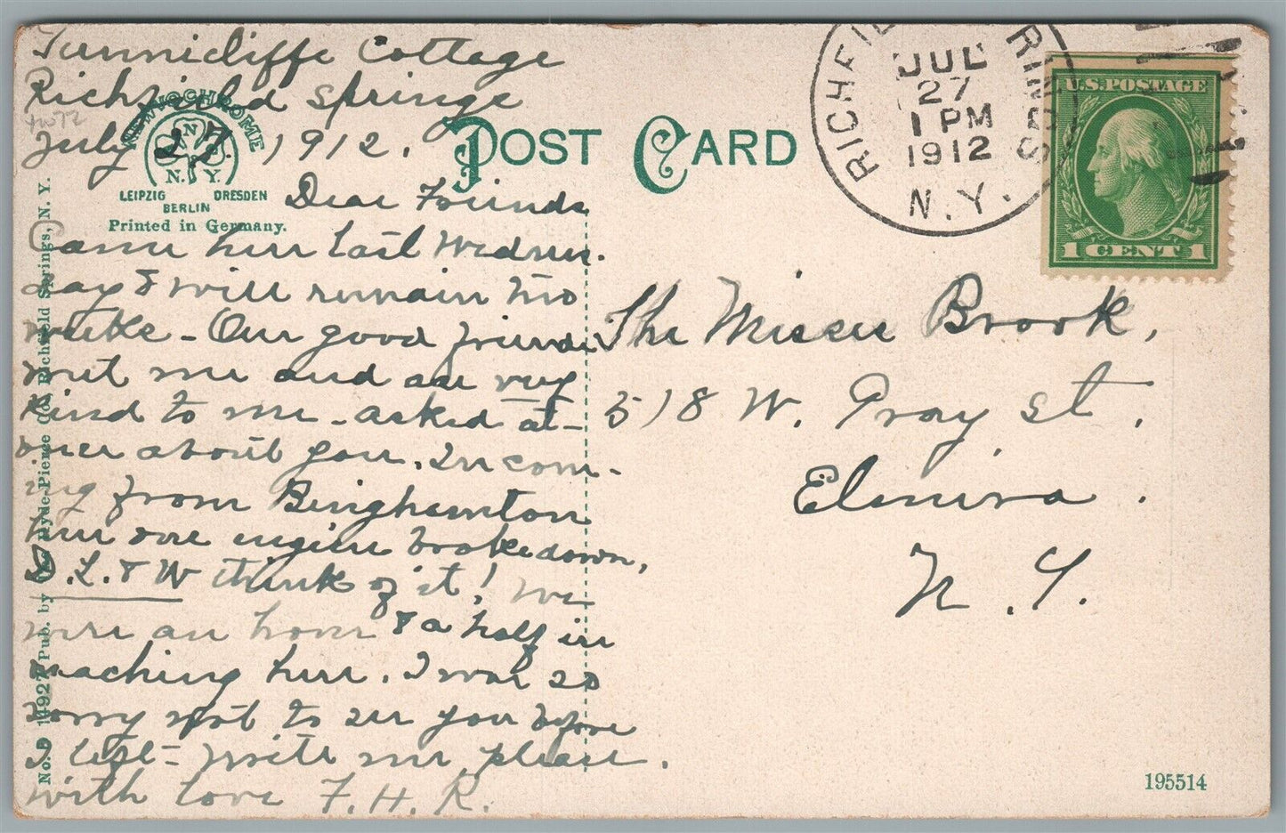 RICHFIELD SPRINGS NY MAIN STREET ANTIQUE POSTCARD