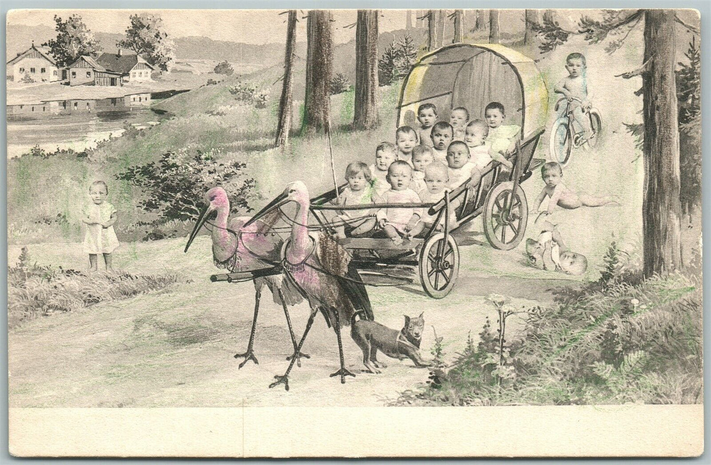MULTIPLE BABIES in STORK WAGON ANTIQUE POSTCARD