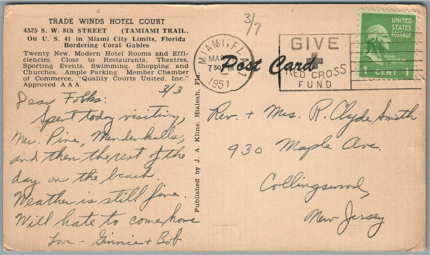 MIAMI FL TRADE WINDS HOTEL COURT VINTAGE POSTCARD