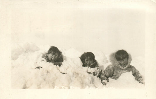 SNOW BARROW ALASKA ESKIMO KIDS VINTAGE REAL PHOTO POSTCARD RPPC