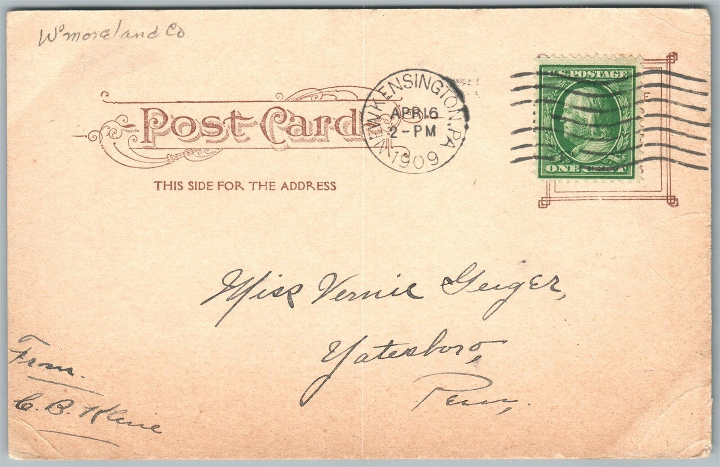 NEW KENSINGTON PA M.E.CHURCH 1909 UNDIVIDED ANTIQUE POSTCARD