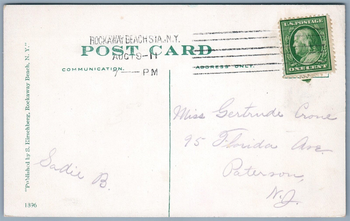 ROCKAWAY BEACH LONG ISLAND NY WASHINGTON AVE. BELLE HARBOR 1911 ANTIQUE POSTCARD