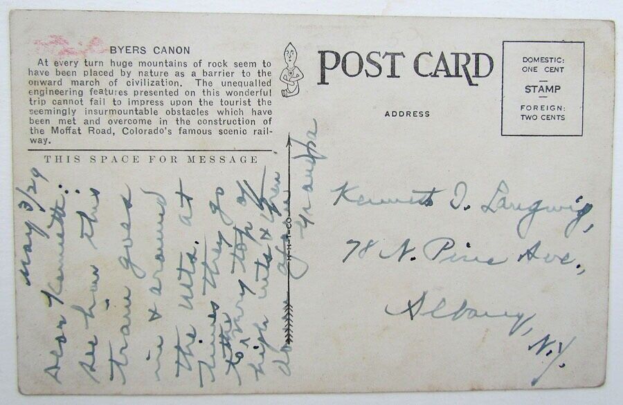 VINTAGE POSTCARD BYERS CANON DENVER & SALT LAKE RAILROAD CO MOFFAT RD railway