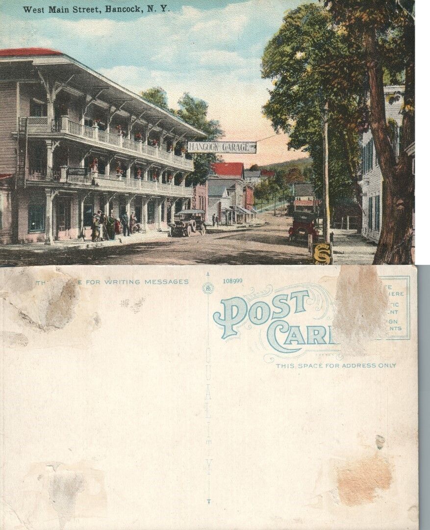 HANCOCK N.Y. WEST MAIN STREET ANTIQUE POSTCARD Hancock garage old cars