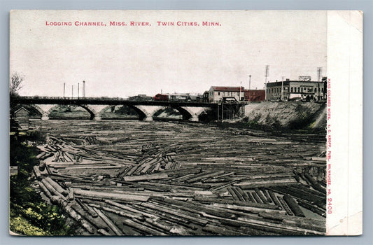 TWIN CITIES MN LOGGING CHANNEL MISS. RIVER ANTIQUE POSTCARD