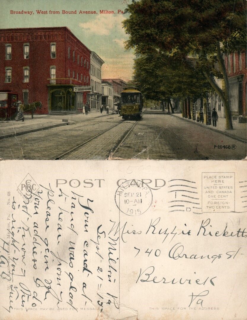 MILTON PA BROADWAY WEST FROM BOUND AVENUE 1915 ANTIQUE POSTCARD