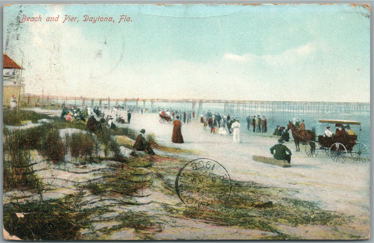 DAYTONA FL BEACH AND PIER ANTIQUE POSTCARD