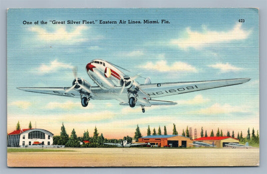 MIAMI FL EASTERN AIR LINES PLANE GREAT SILVER FLEET VINTAGE POSTCARD