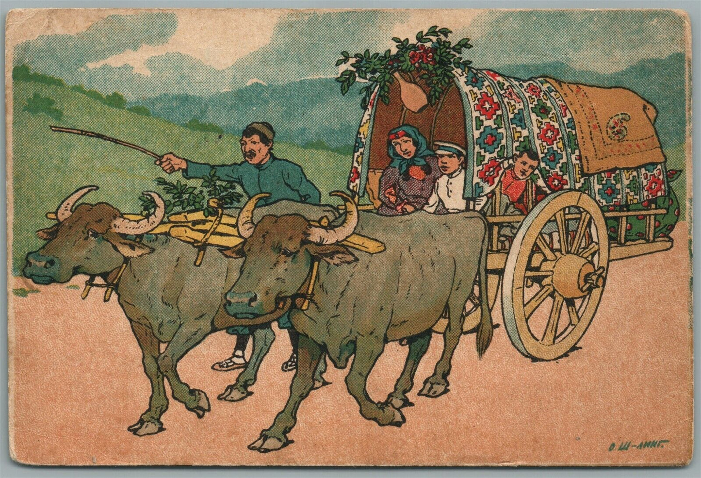 GEORGIA TIFLIS CAUCASUS RETURNING TO THE TOWN SIGNED ANTIQUE RUSSIAN POSTCARD