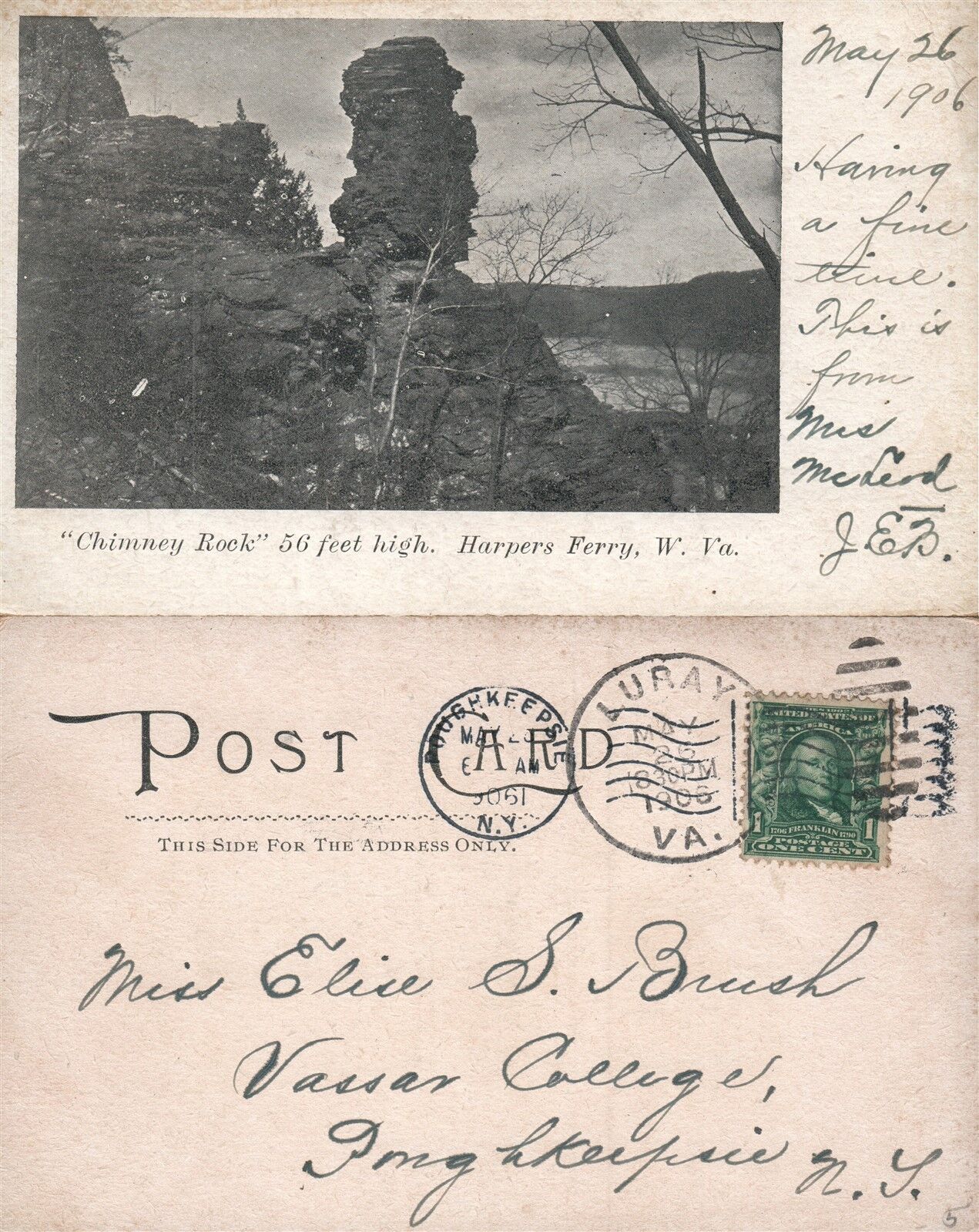 HARPERS FERRY W.VA CHIMNEY ROCK 1906 UNDIVIDED ANTIQUE POSTCARD w/ CORK CANCEL