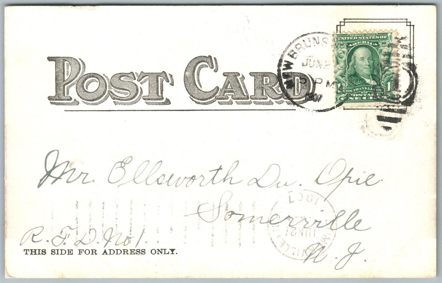 NEW BRUNSWICK NJ CARNEGIE LIBRARY 1907 UNDIVIDED ANTIQUE POSTCARD w/ CORK CANCEL