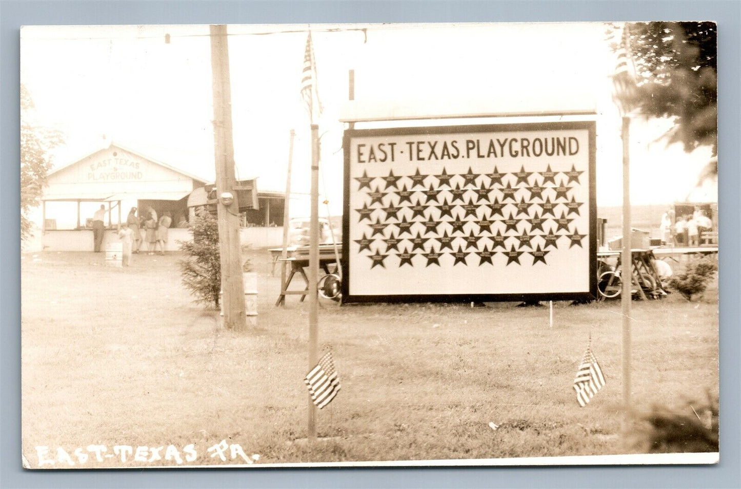 EAST TEXAS PA PLAYGROUND VINTAGE REAL PHOTO POSTCARD RPPC w/ AMERICAN FLAGS