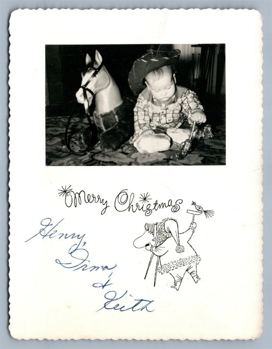 SANTA w/ CAMERA VINTAGE CHRISTMAS REAL PHOTO RPPC BOY w/ TOY GUN & HORSE