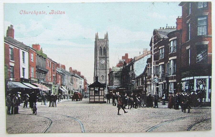VINTAGE BRITISH POSTCARD CHURCHGATE BOLTON STREET SCENE tramway rails railroad