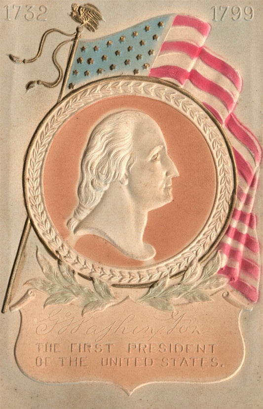 WASHINGTON FIRST PRESIDENT OF UNITED STATES PATRIOTIC ANTIQUE POSTCARD w/US FLAG