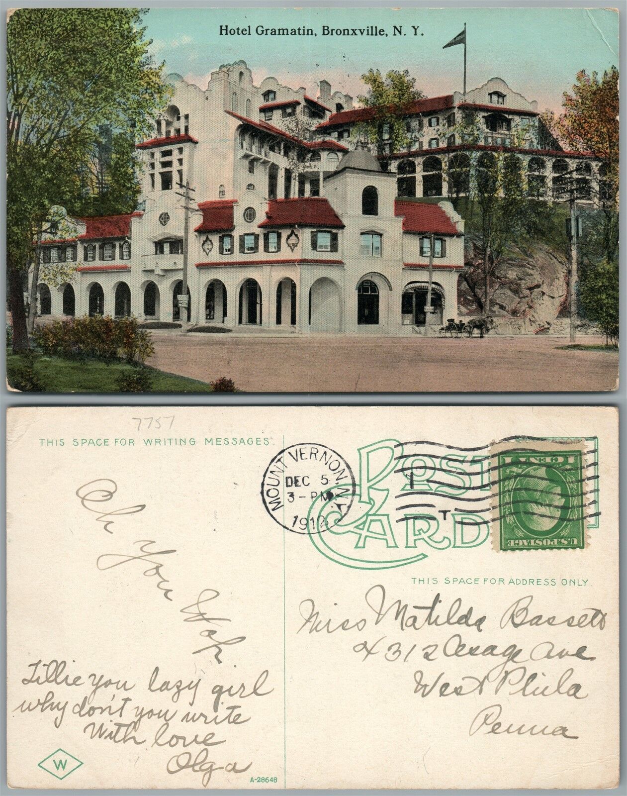BRONXVILLE N.Y. HOTEL GRAMATIN 1912 ANTIQUE POSTCARD