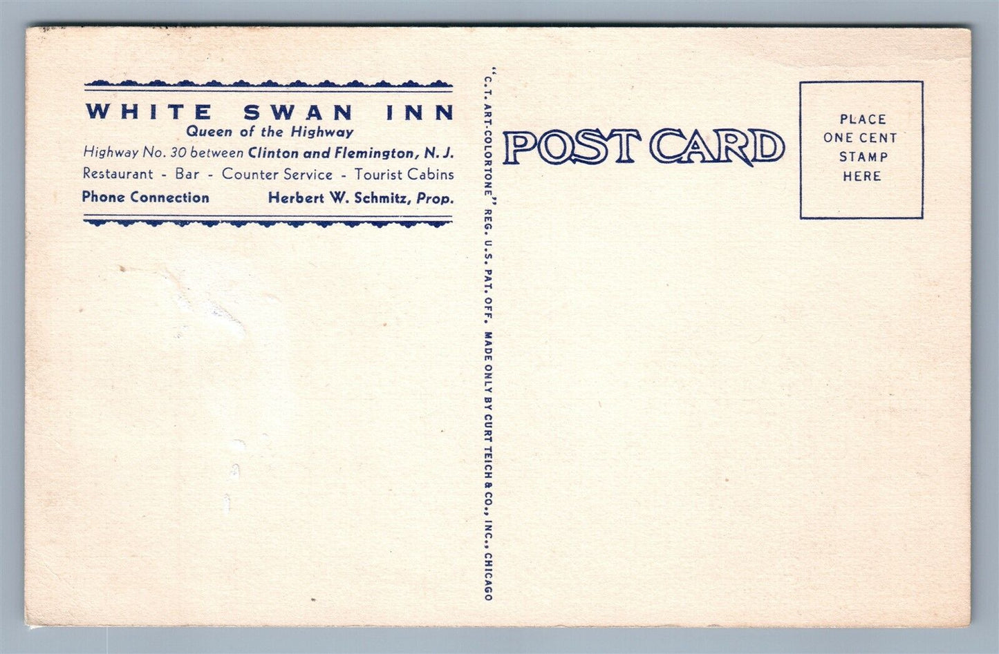 FLEMINGTON & CLINTON NJ WHITE SWANN INN VINTAGE POSTCARD
