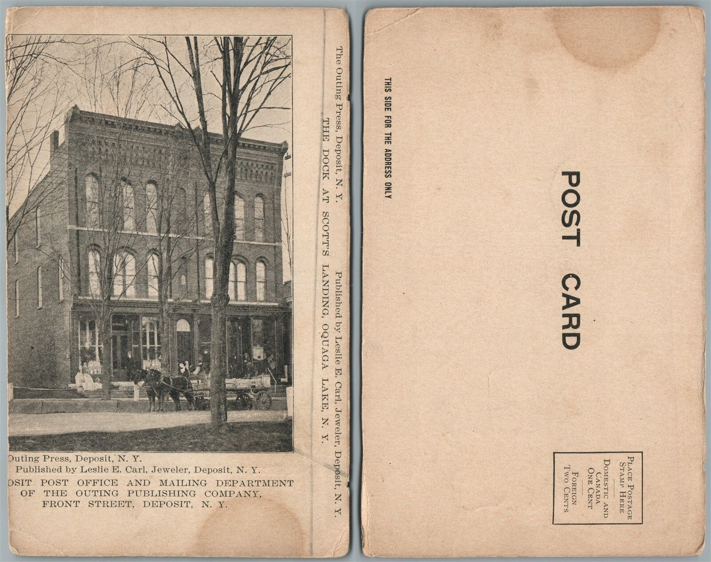 DEPOSIT N.Y. FRONT STREET POST OFFICE & MAILING DEPARTMENT ANTIQUE POSTCARD