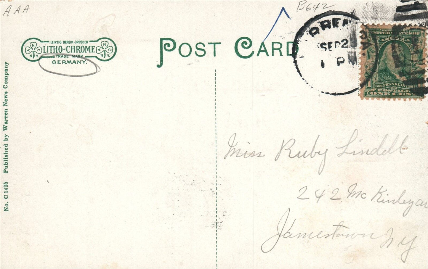 WARREN PA PENN AVENUE & SECOND STREET UNDIVIDED ANTIQUE POSTCARD CORK CANCEL